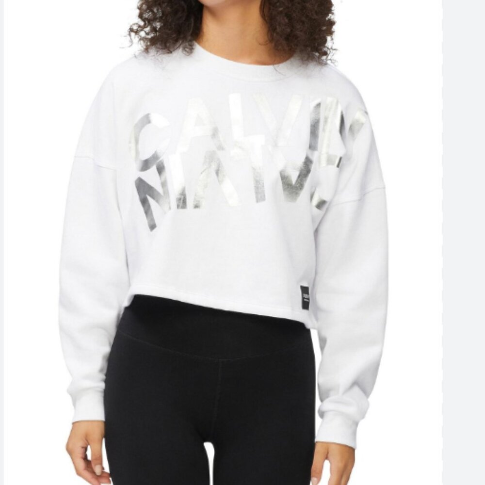 NWT Calvin Klein Mirror Logo Blouson Sleeve Silver White Crop Pullover